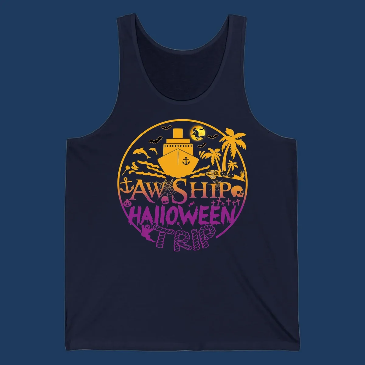 Ship halloween cruise design with witch, bats, skulls, palm trees, and ocean ship illustration in gold and magenta colors