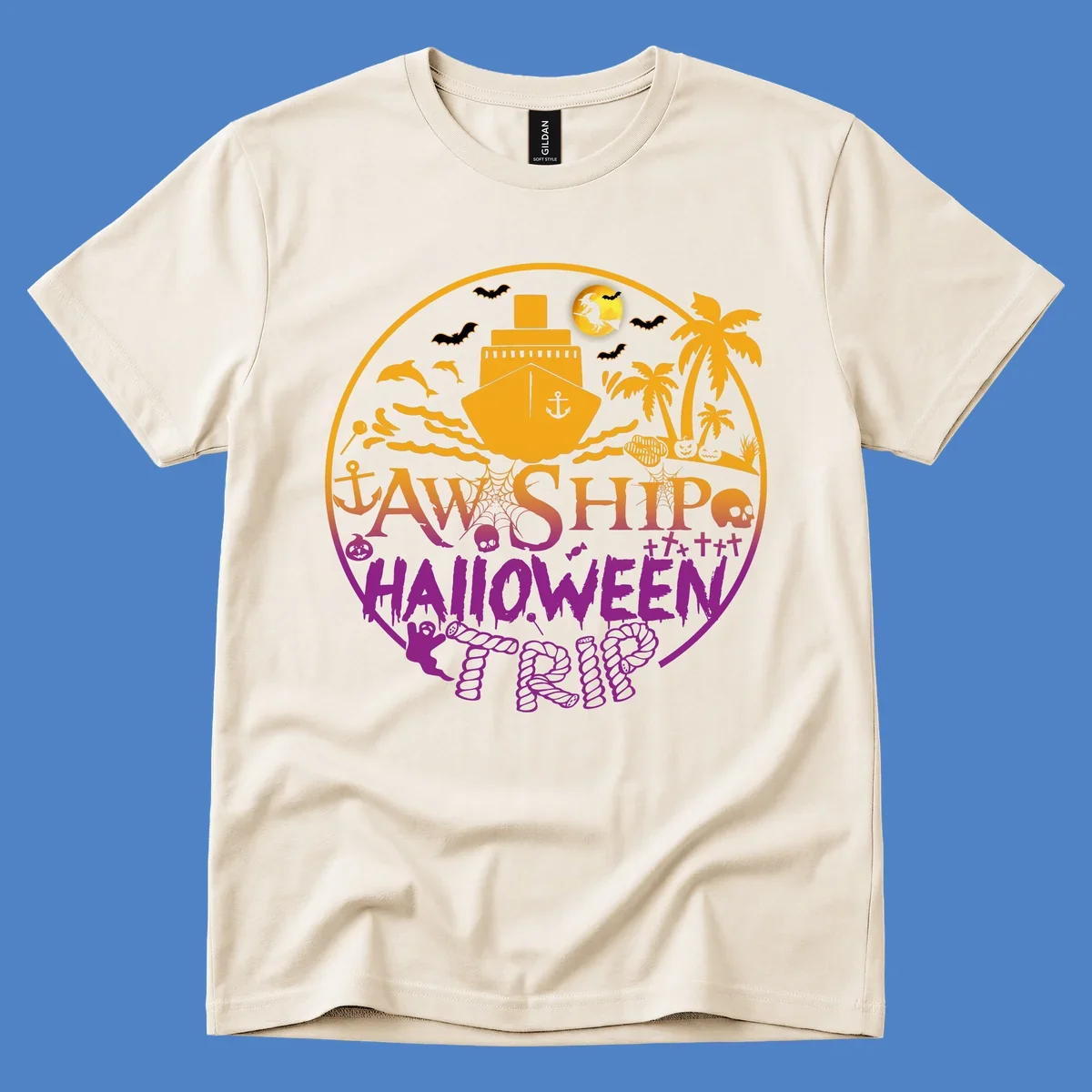Ship halloween cruise design with witch, bats, skulls, palm trees, and ocean ship illustration in gold and magenta colors