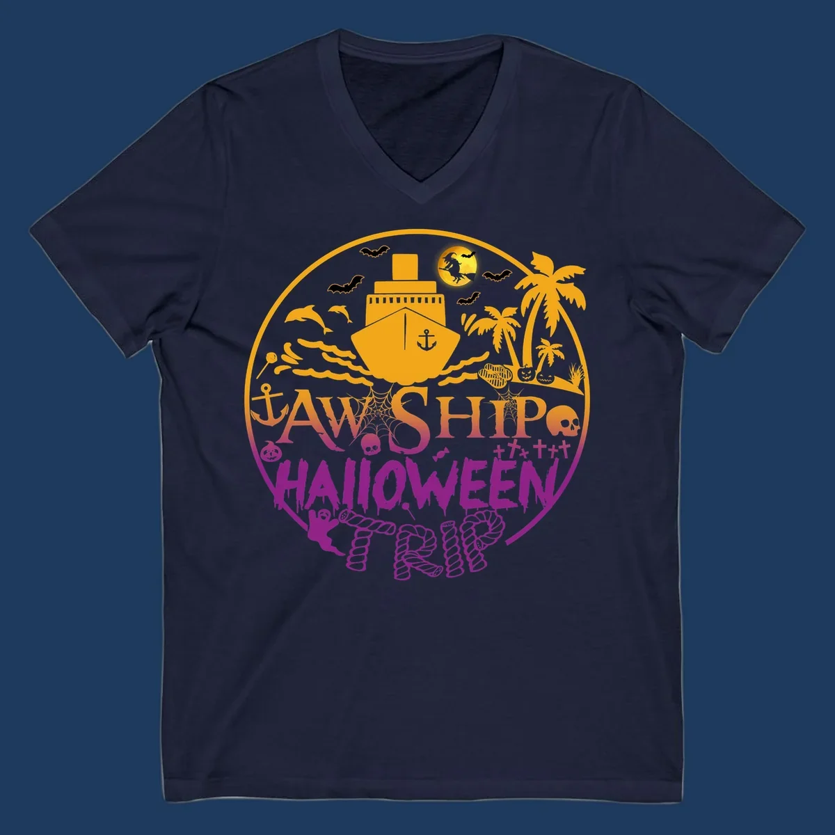 Ship halloween cruise design with witch, bats, skulls, palm trees, and ocean ship illustration in gold and magenta colors