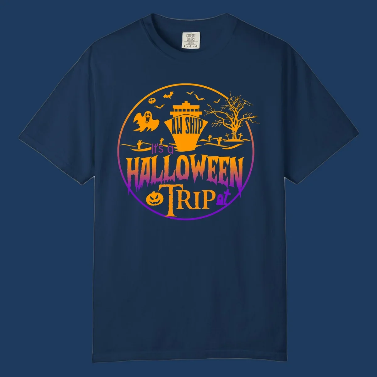 Halloween cruise trip design with spooky ship, ghosts, bats, graveyards, and haunted imagery on gray background