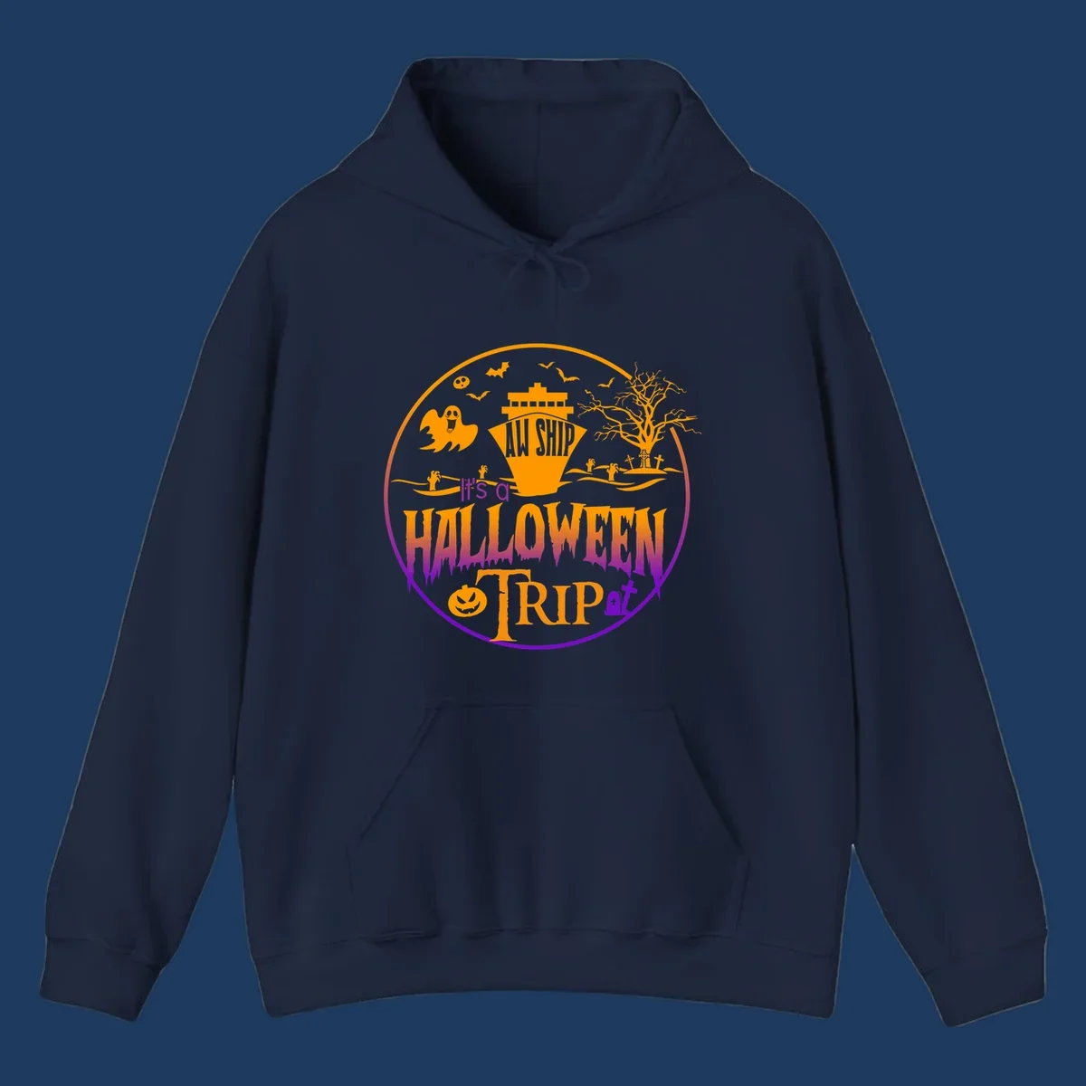 Halloween cruise trip design with spooky ship, ghosts, bats, graveyards, and haunted imagery on gray background