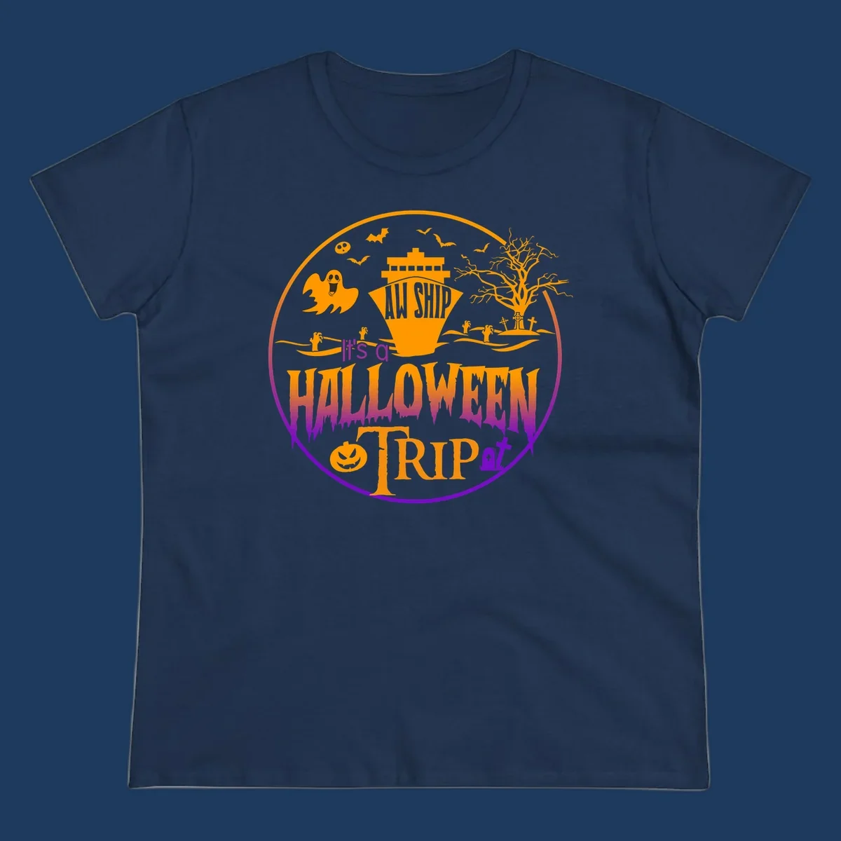 Halloween cruise trip design with spooky ship, ghosts, bats, graveyards, and haunted imagery on gray background