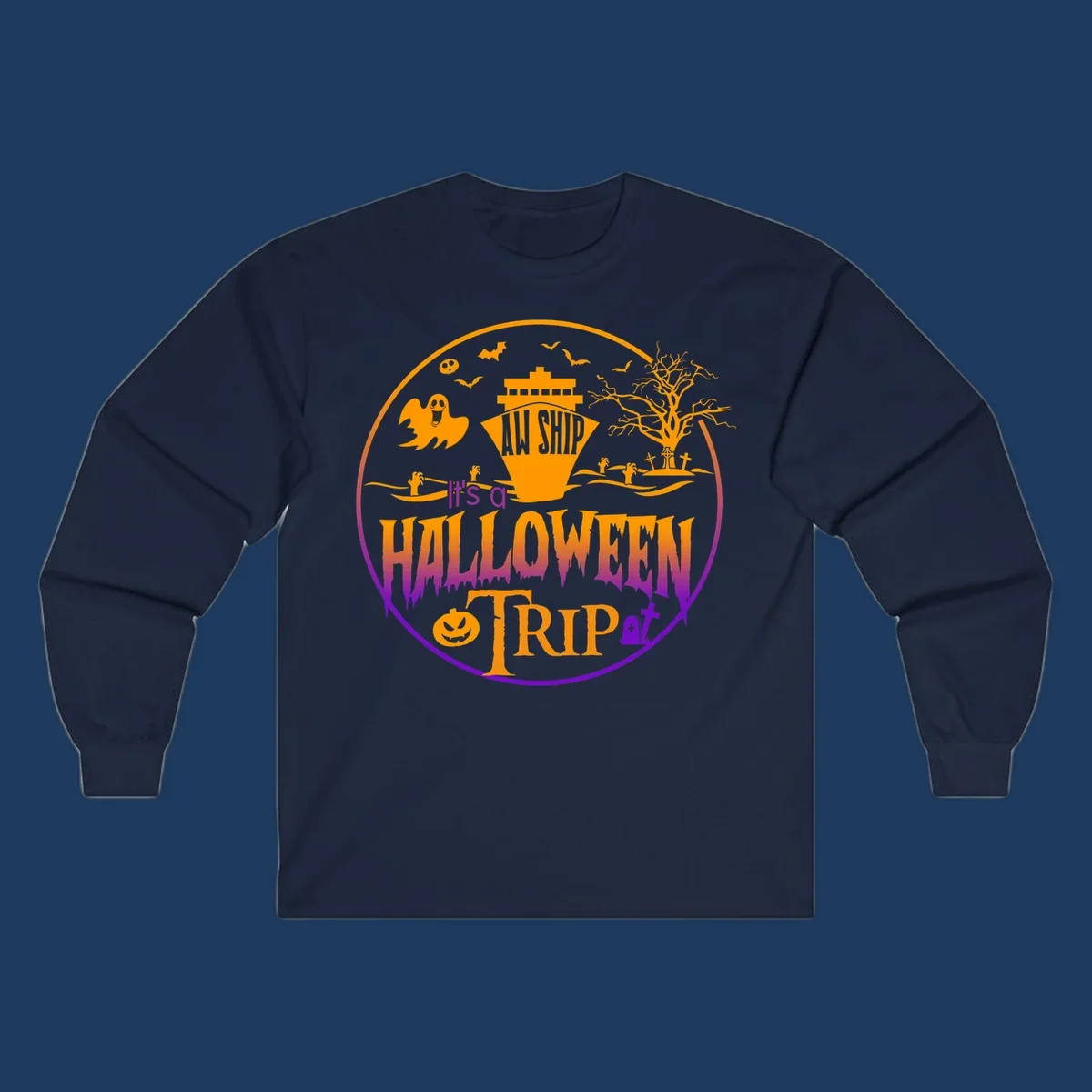 Halloween cruise trip design with spooky ship, ghosts, bats, graveyards, and haunted imagery on gray background