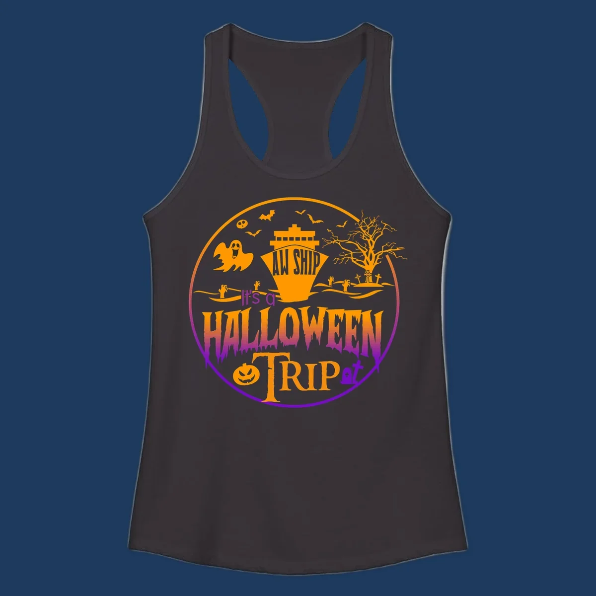 Halloween cruise trip design with spooky ship, ghosts, bats, graveyards, and haunted imagery on gray background