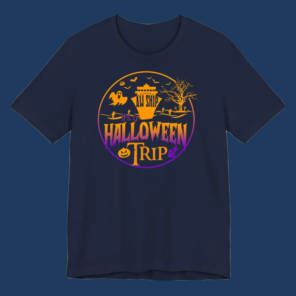 Halloween cruise trip design with spooky ship, ghosts, bats, graveyards, and haunted imagery on gray background