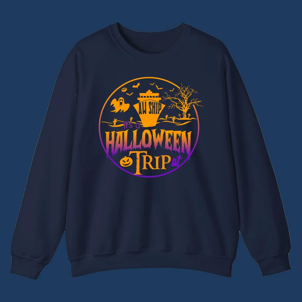 Halloween cruise trip design with spooky ship, ghosts, bats, graveyards, and haunted imagery on gray background