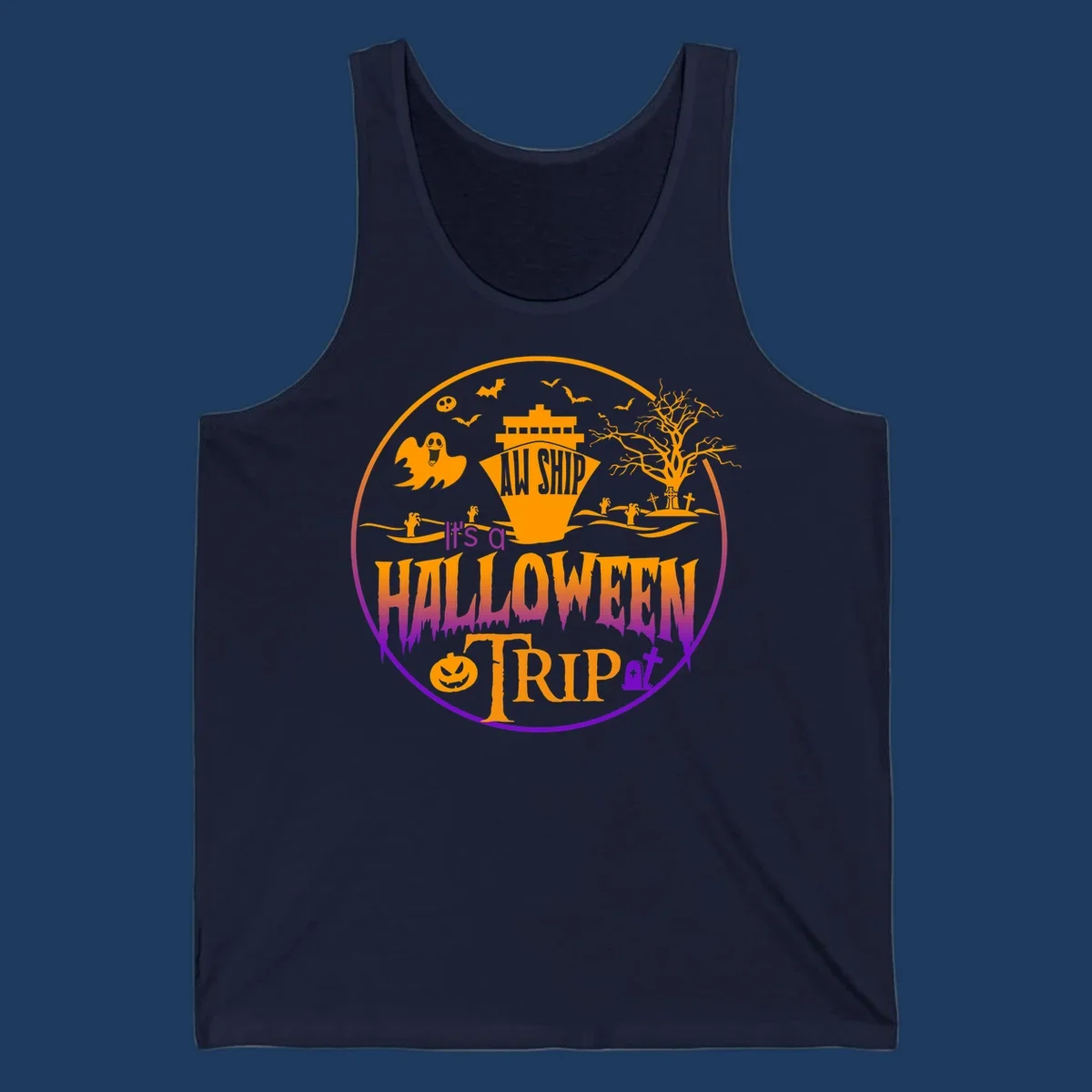 Halloween cruise trip design with spooky ship, ghosts, bats, graveyards, and haunted imagery on gray background