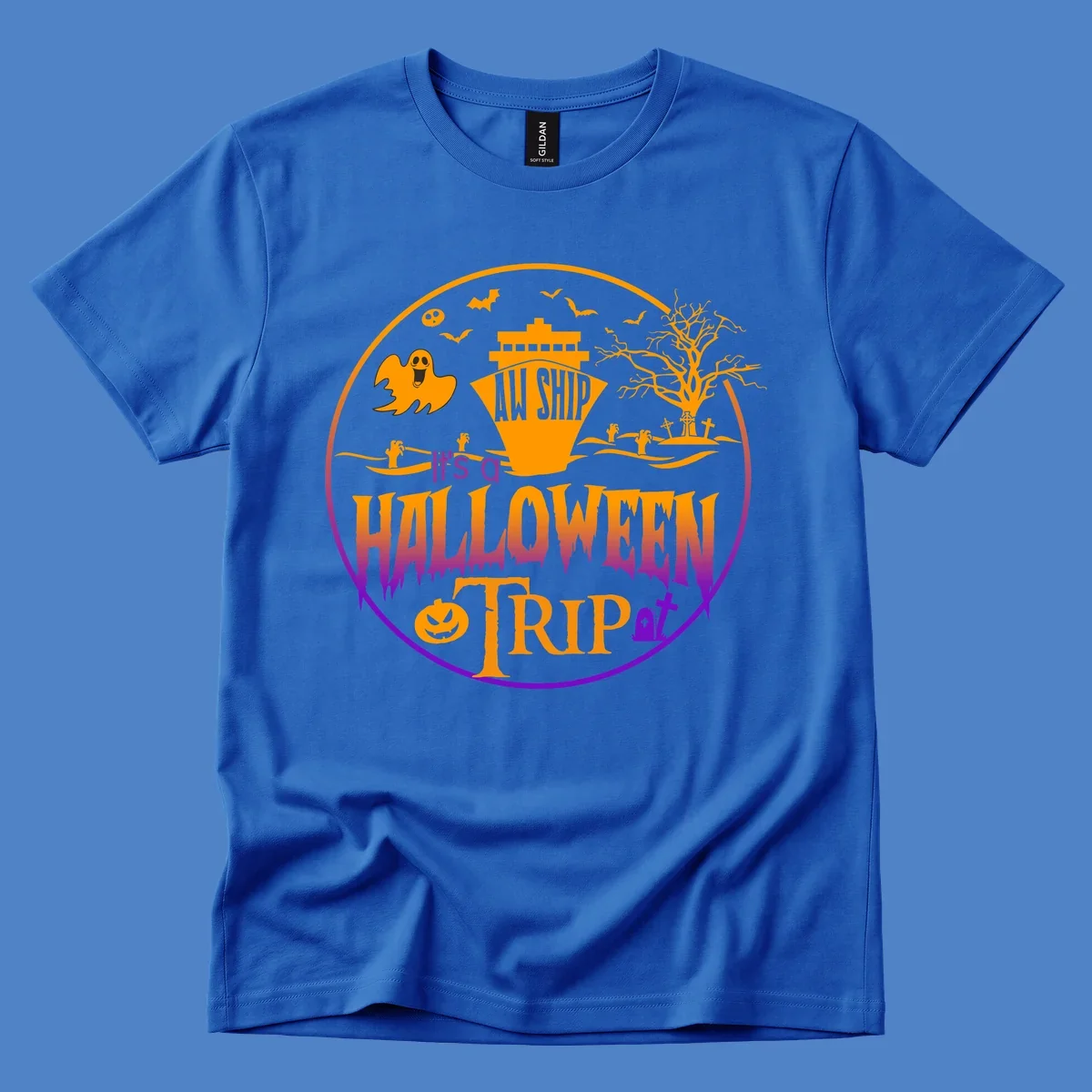 Halloween cruise trip design with spooky ship, ghosts, bats, graveyards, and haunted imagery on gray background