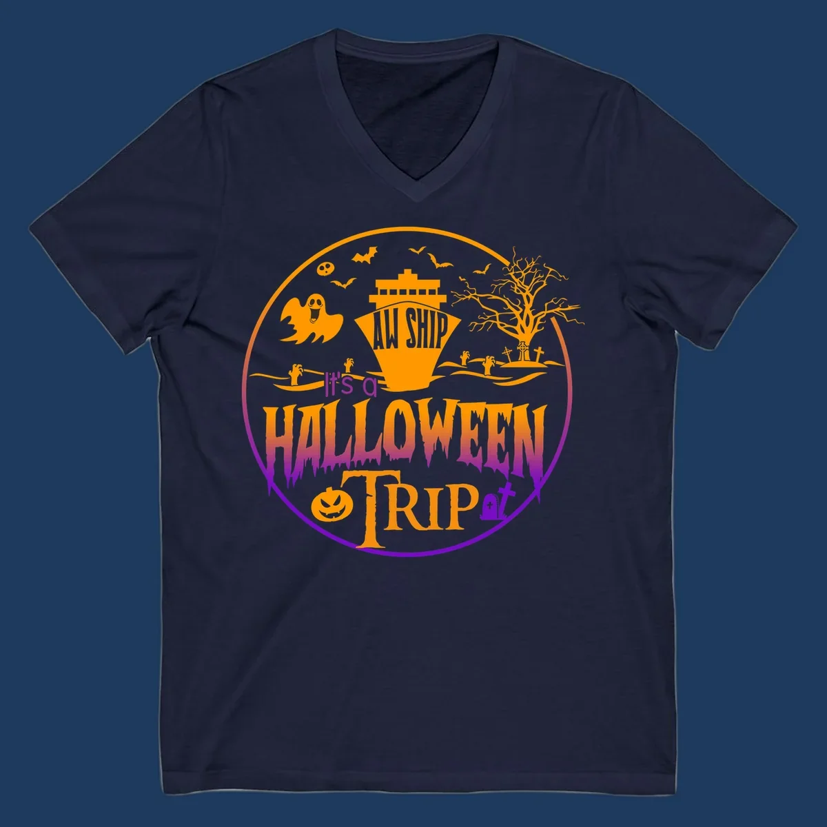 Halloween cruise trip design with spooky ship, ghosts, bats, graveyards, and haunted imagery on gray background