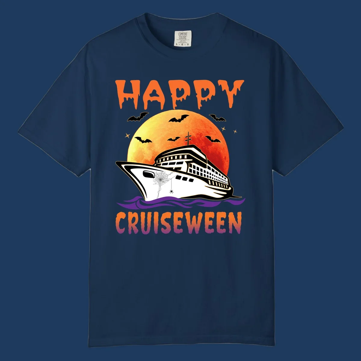 Spooky cruise ship design with full moon, bats, and spider web—Halloween cruiseween artwork