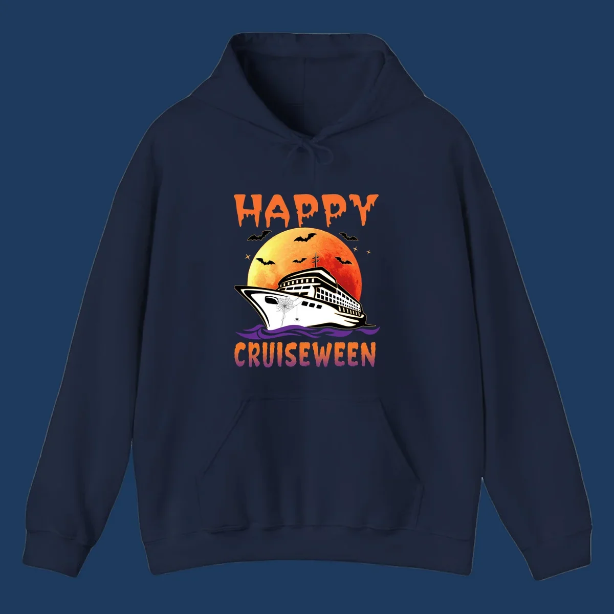 Spooky cruise ship design with full moon, bats, and spider web—Halloween cruiseween artwork