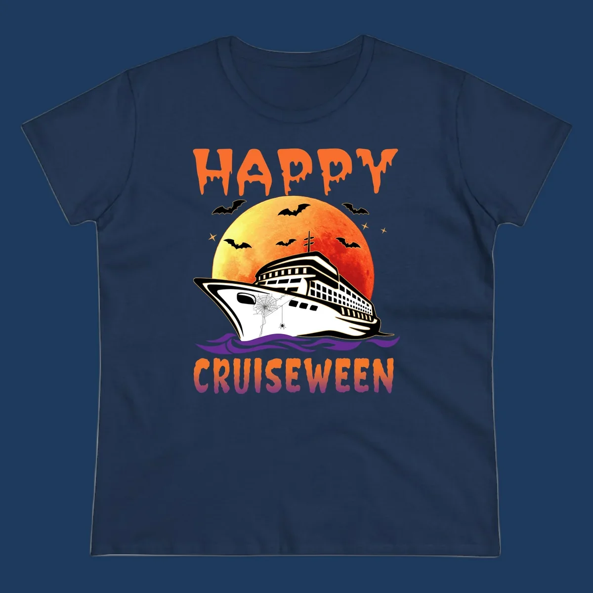 Spooky cruise ship design with full moon, bats, and spider web—Halloween cruiseween artwork