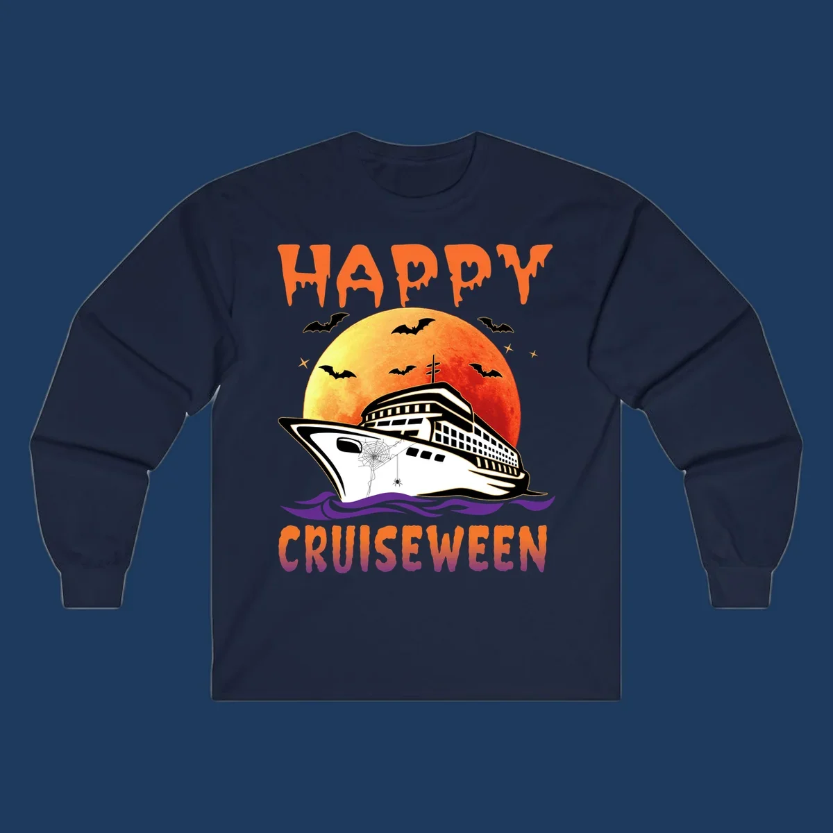 Spooky cruise ship design with full moon, bats, and spider web—Halloween cruiseween artwork