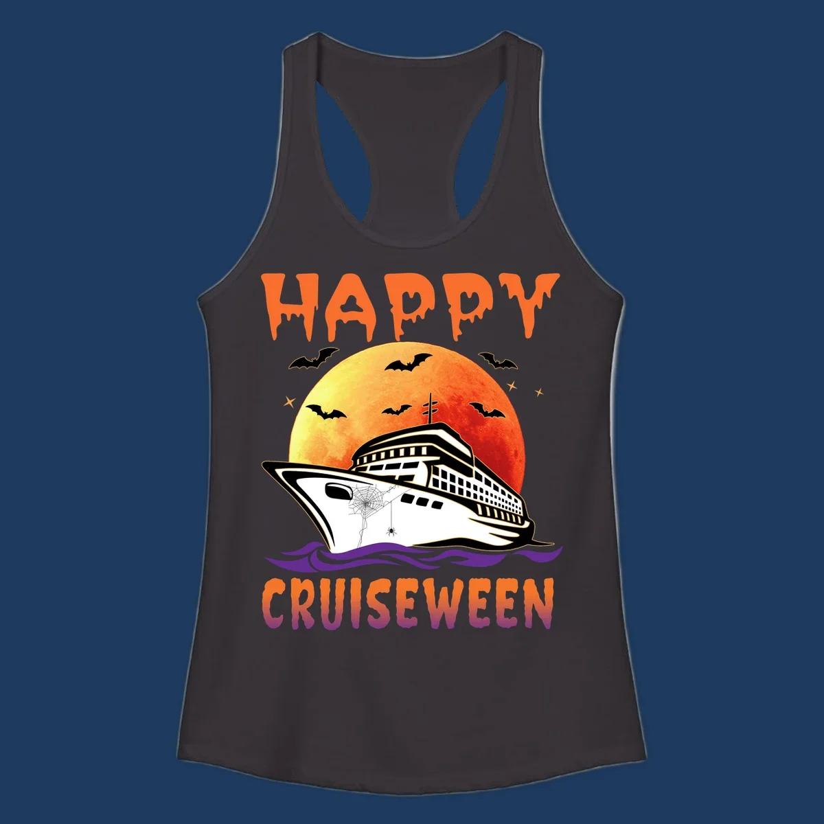 Spooky cruise ship design with full moon, bats, and spider web—Halloween cruiseween artwork