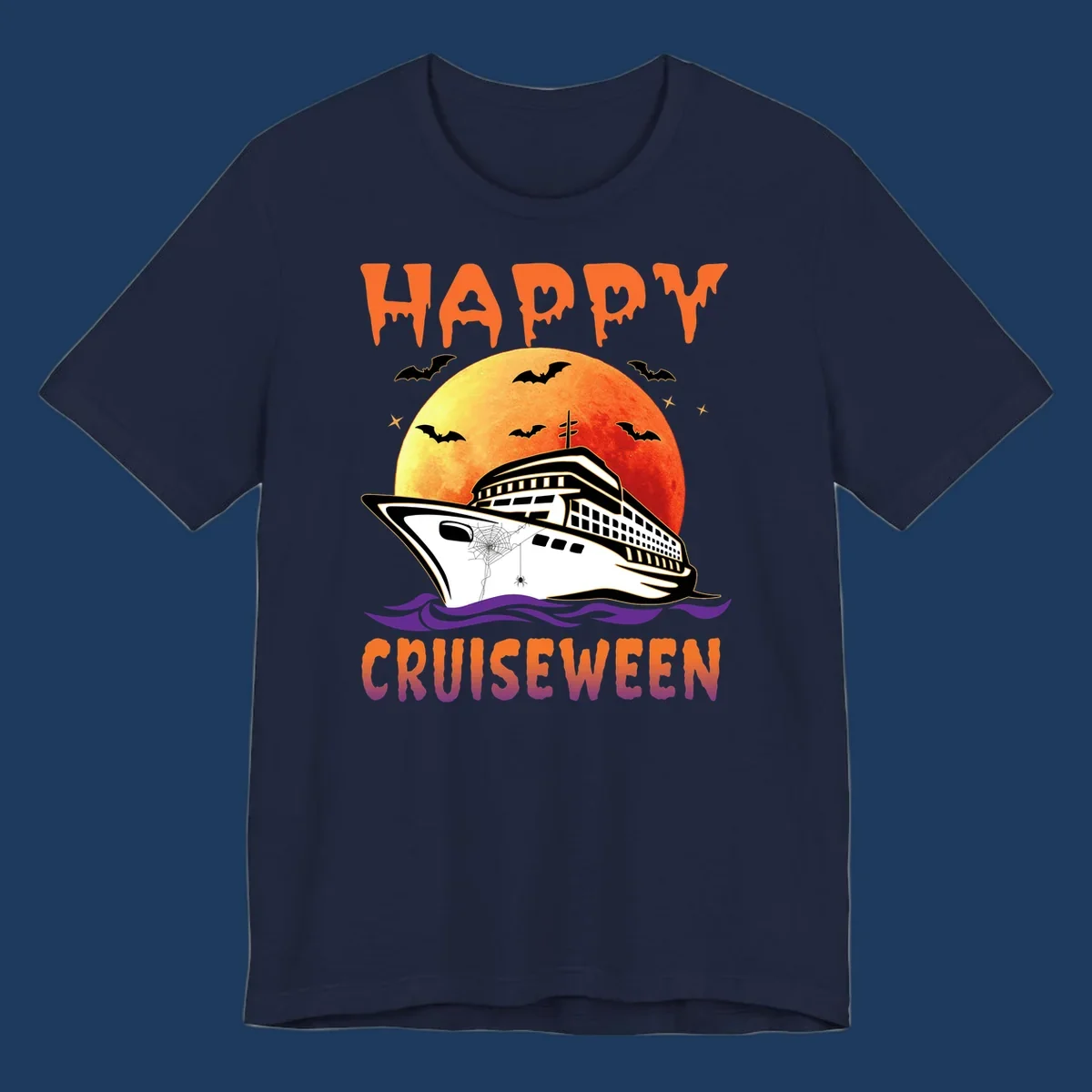 Spooky cruise ship design with full moon, bats, and spider web—Halloween cruiseween artwork