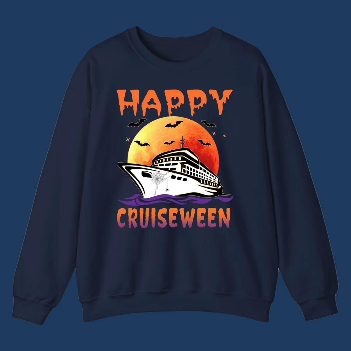 Spooky cruise ship design with full moon, bats, and spider web—Halloween cruiseween artwork