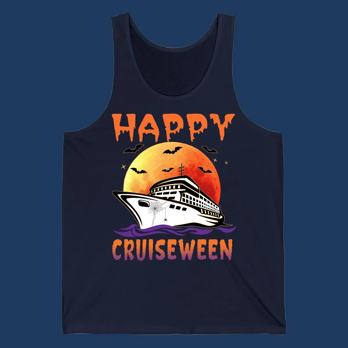 Spooky cruise ship design with full moon, bats, and spider web—Halloween cruiseween artwork