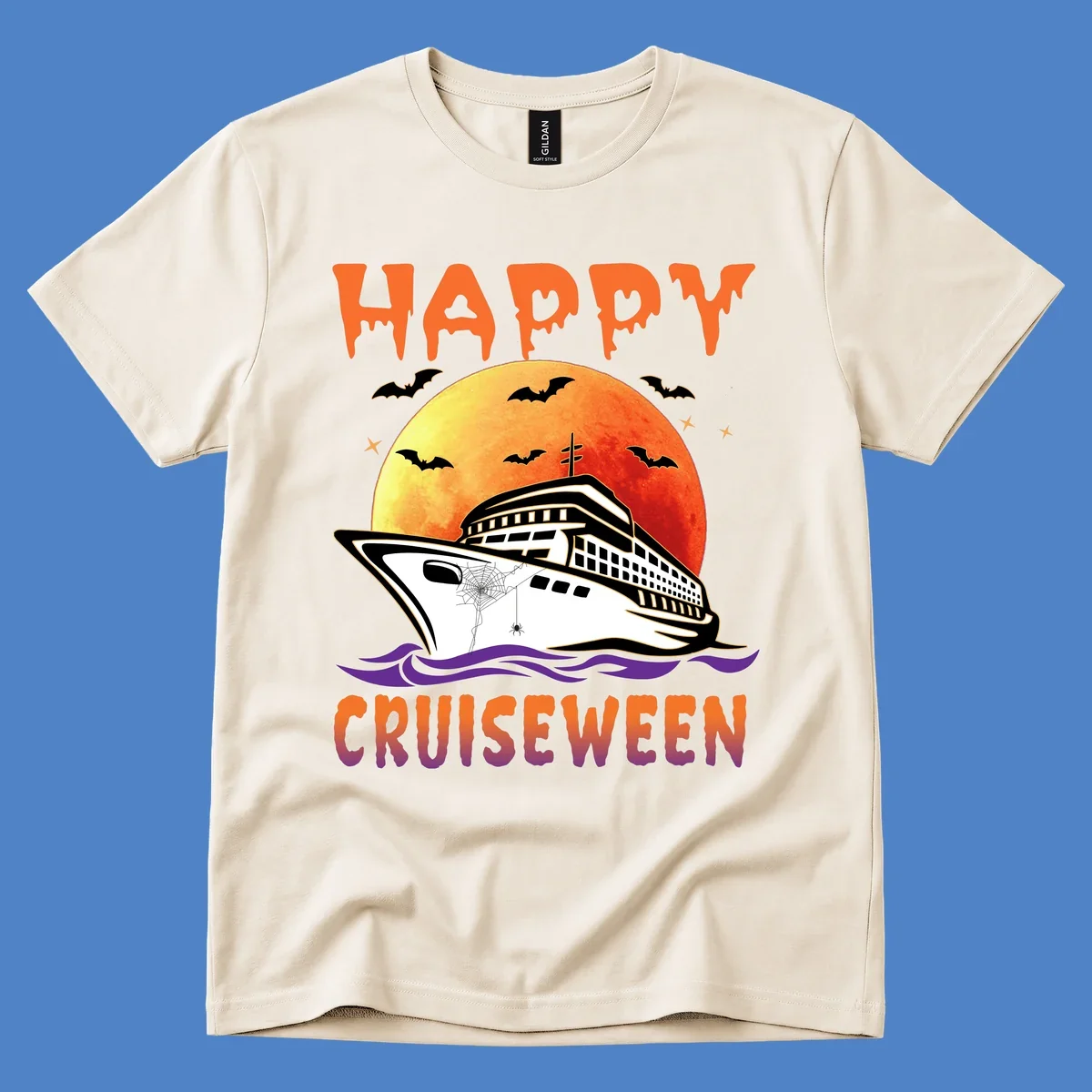 Spooky cruise ship design with full moon, bats, and spider web—Halloween cruiseween artwork