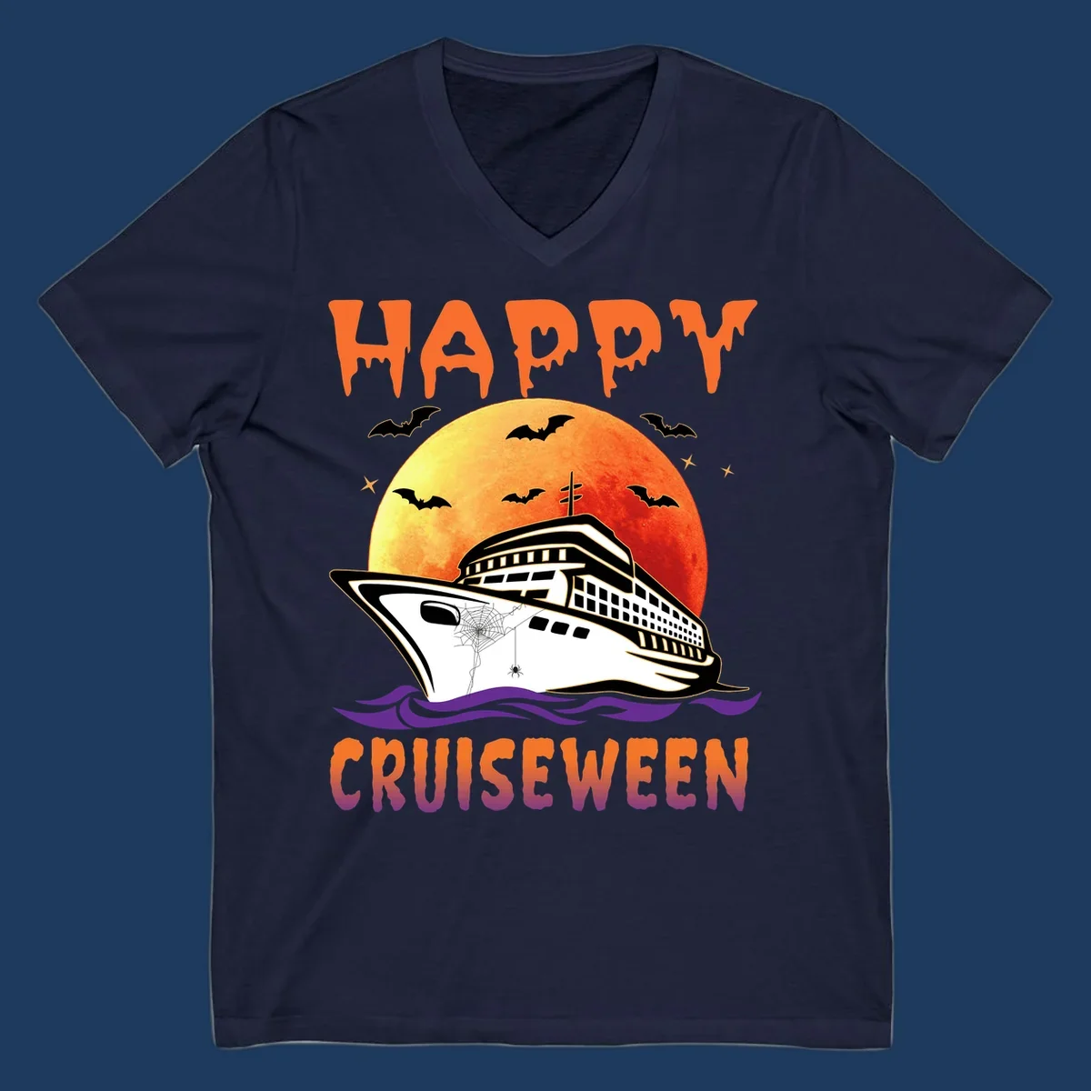 Spooky cruise ship design with full moon, bats, and spider web—Halloween cruiseween artwork