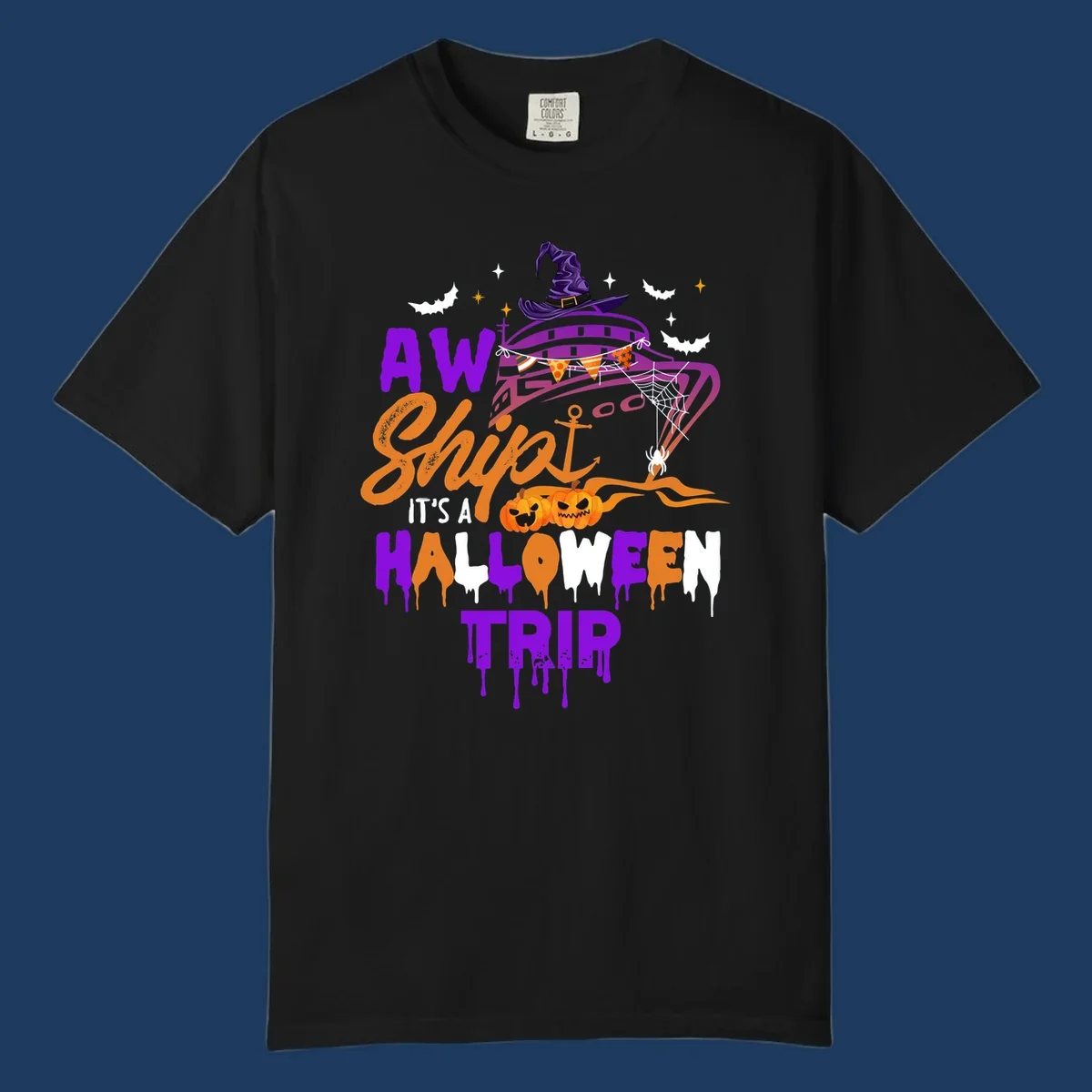 Halloween cruise trip design with purple witch hat, jack-o-lanterns, spider web, and dripping text saying 'AW Shiver It's A Halloween Trip'
