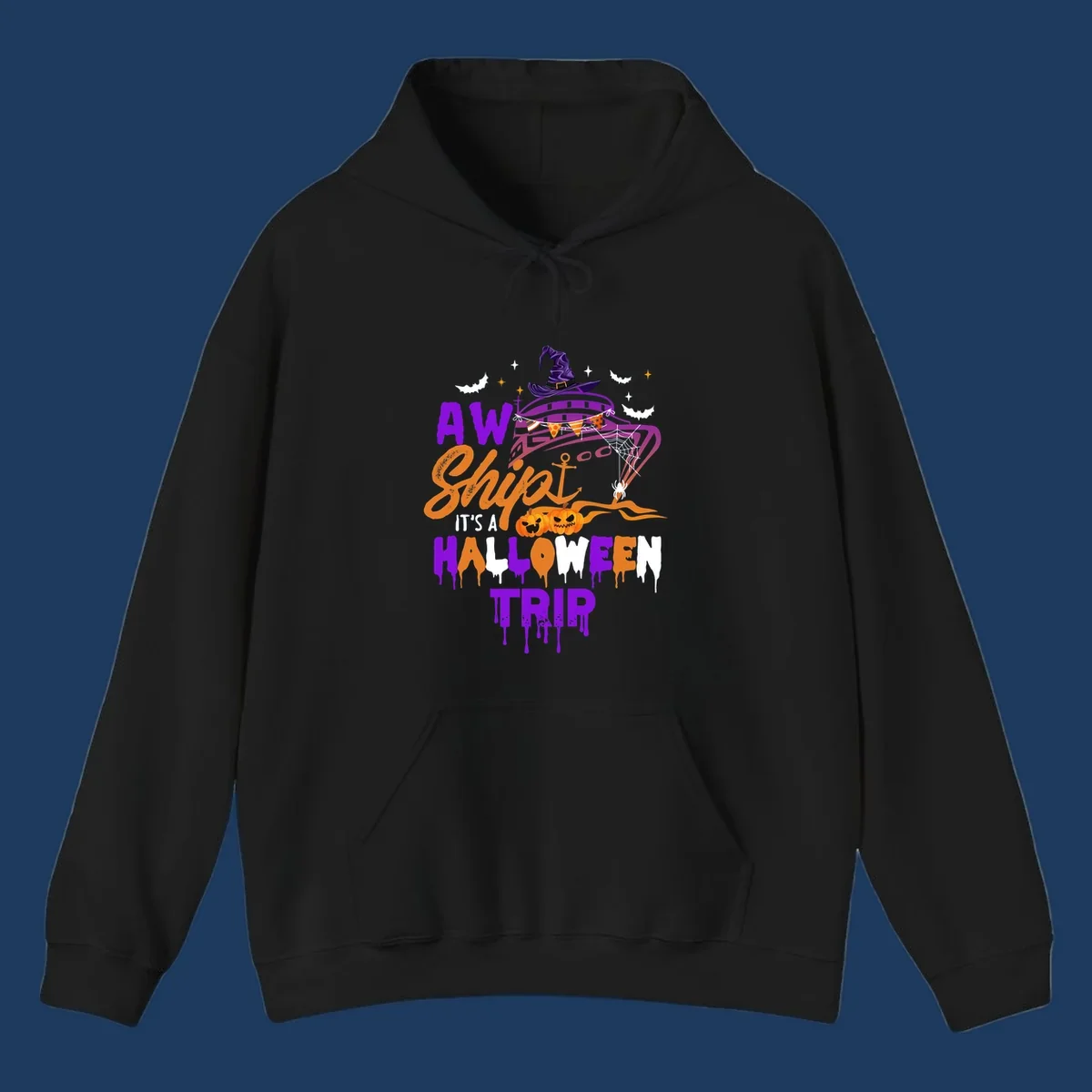 Halloween cruise trip design with purple witch hat, jack-o-lanterns, spider web, and dripping text saying 'AW Shiver It's A Halloween Trip'