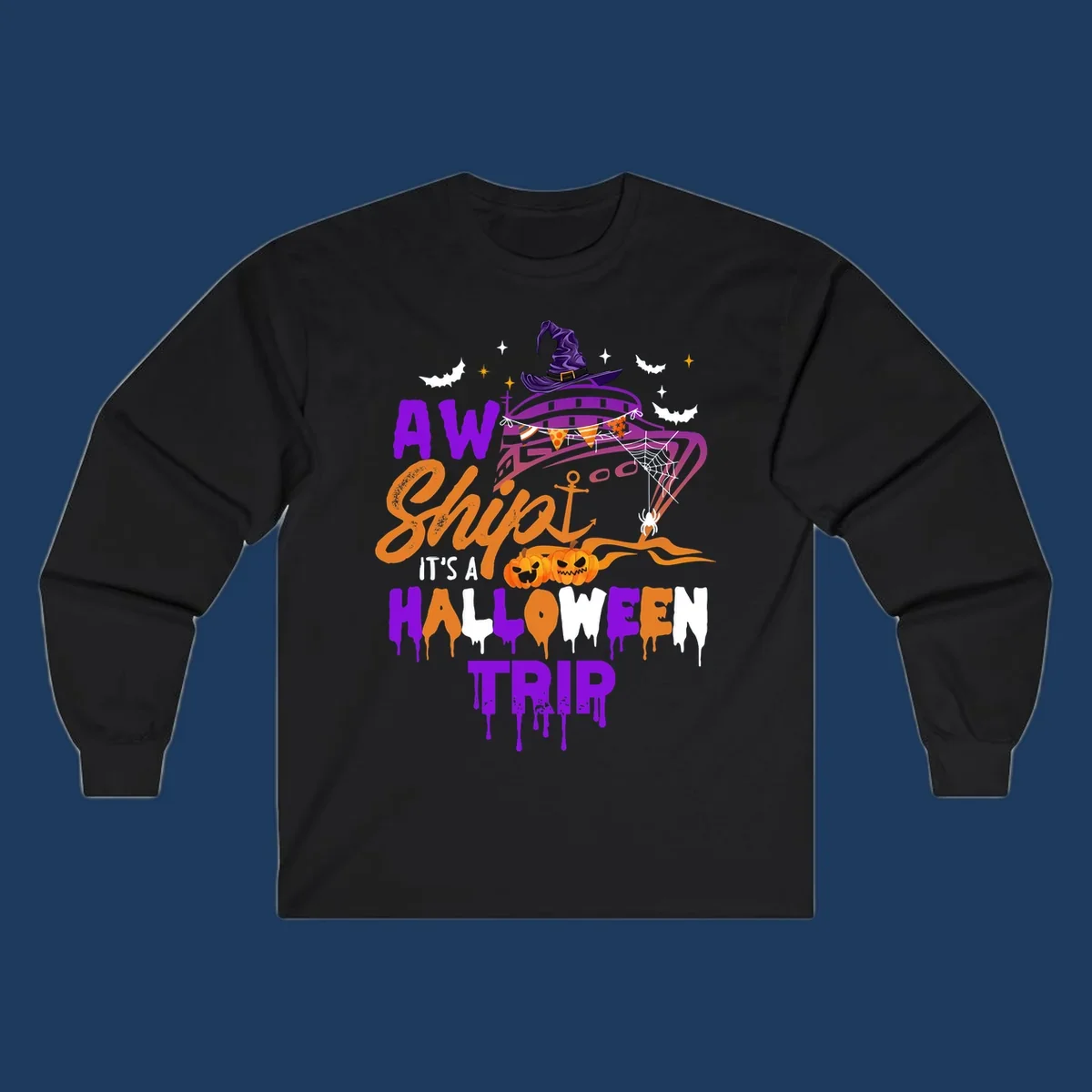 Halloween cruise trip design with purple witch hat, jack-o-lanterns, spider web, and dripping text saying 'AW Shiver It's A Halloween Trip'