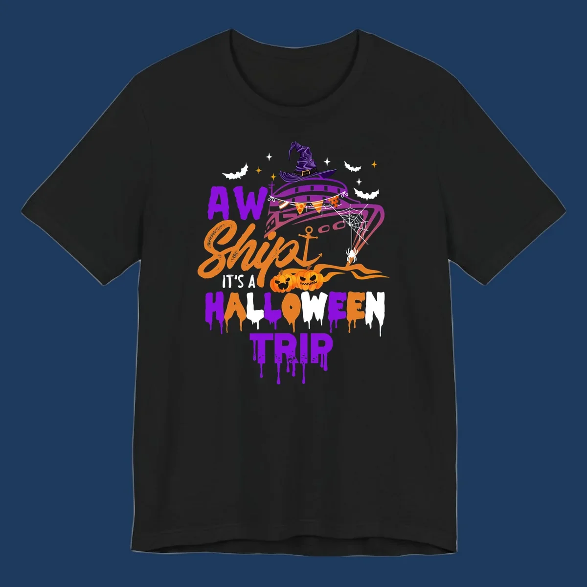 Halloween cruise trip design with purple witch hat, jack-o-lanterns, spider web, and dripping text saying 'AW Shiver It's A Halloween Trip'