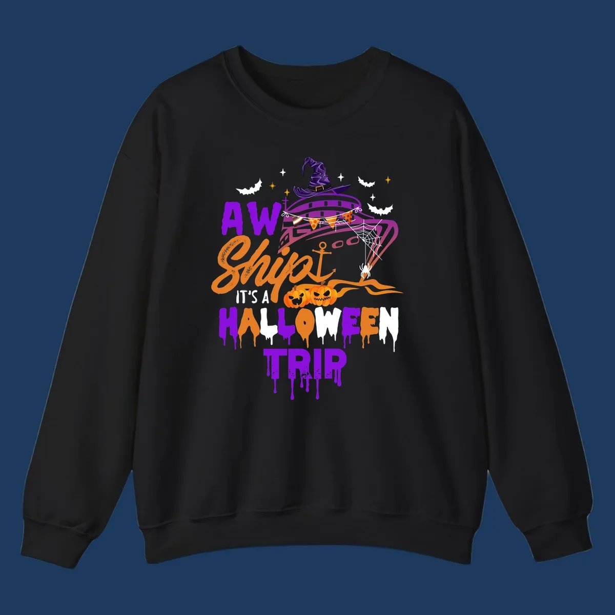 Halloween cruise trip design with purple witch hat, jack-o-lanterns, spider web, and dripping text saying 'AW Shiver It's A Halloween Trip'