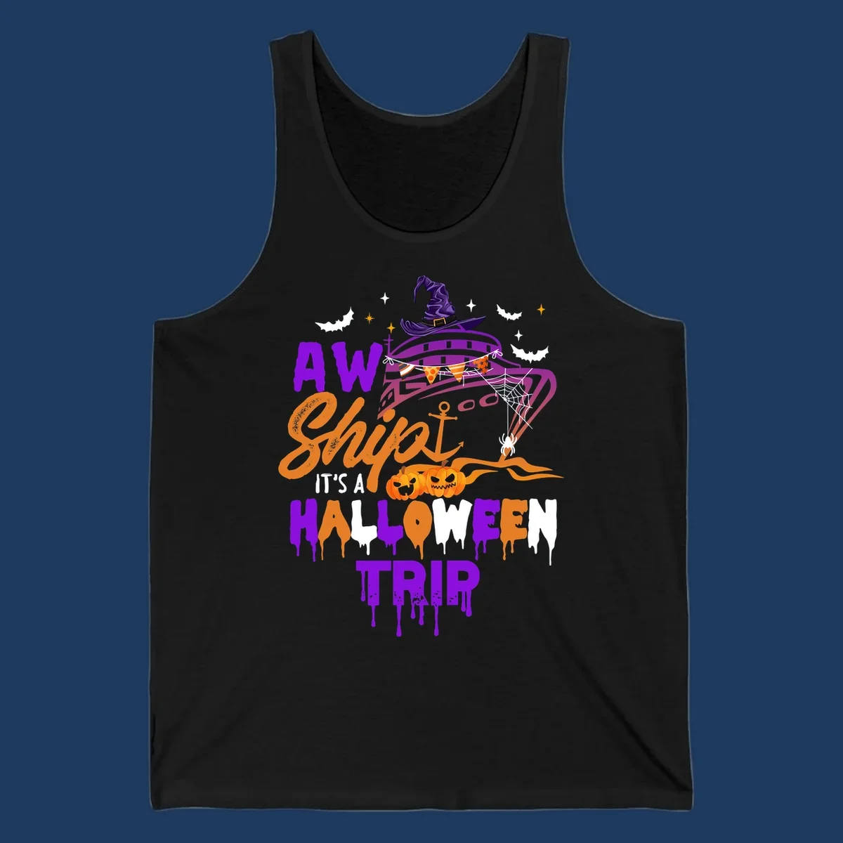 Halloween cruise trip design with purple witch hat, jack-o-lanterns, spider web, and dripping text saying 'AW Shiver It's A Halloween Trip'