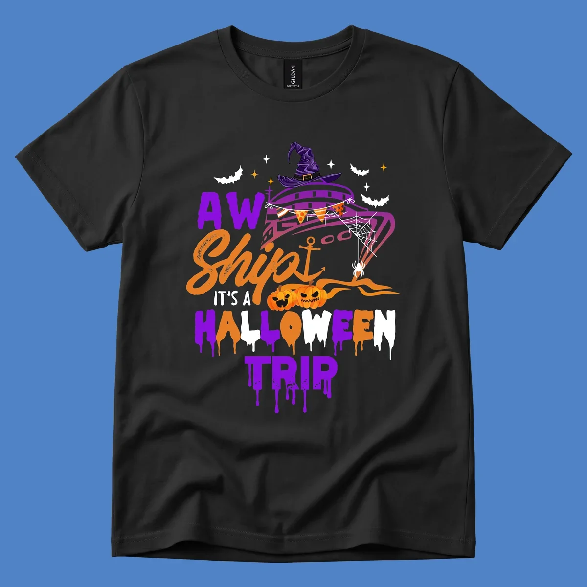 Halloween cruise trip design with purple witch hat, jack-o-lanterns, spider web, and dripping text saying 'AW Shiver It's A Halloween Trip'
