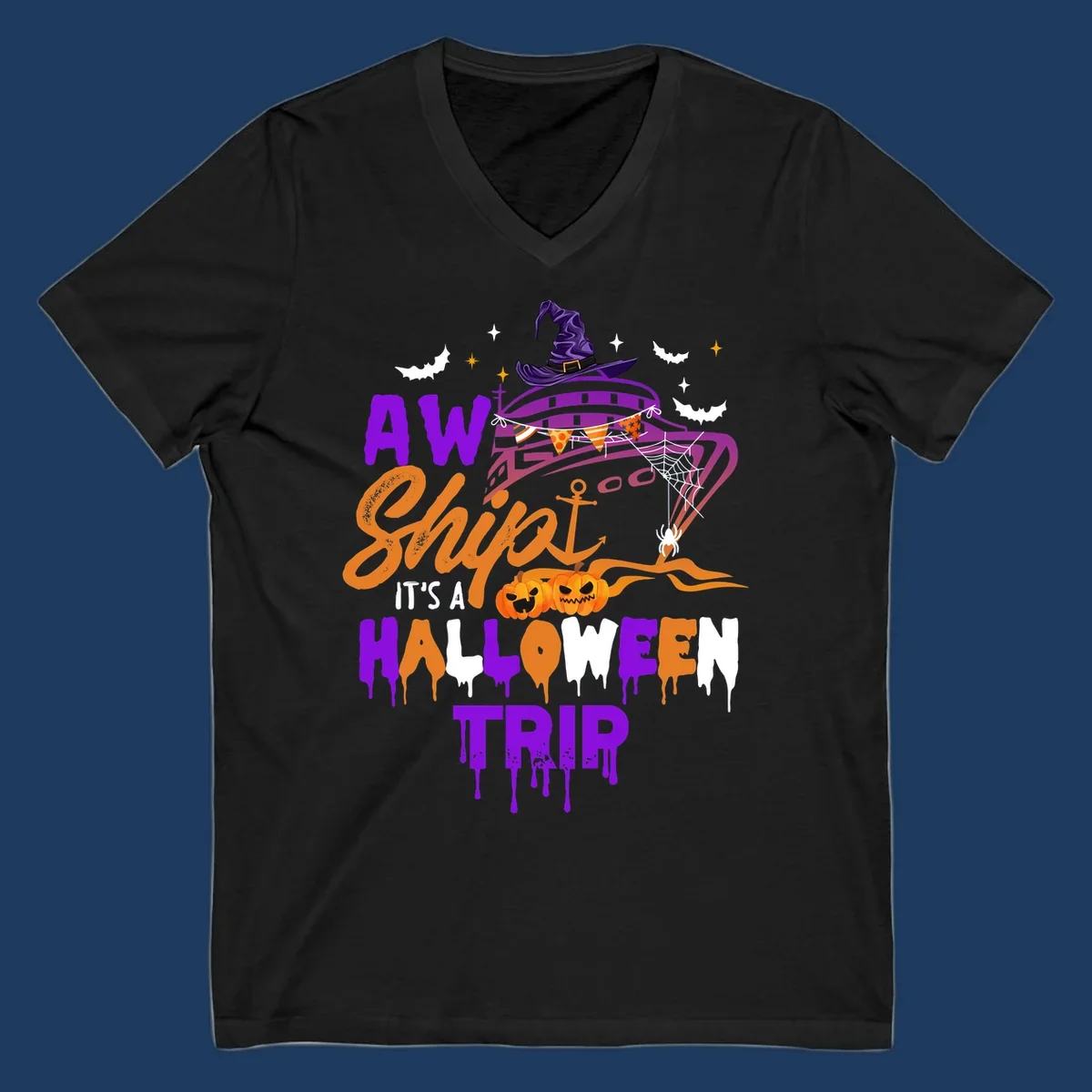 Halloween cruise trip design with purple witch hat, jack-o-lanterns, spider web, and dripping text saying 'AW Shiver It's A Halloween Trip'