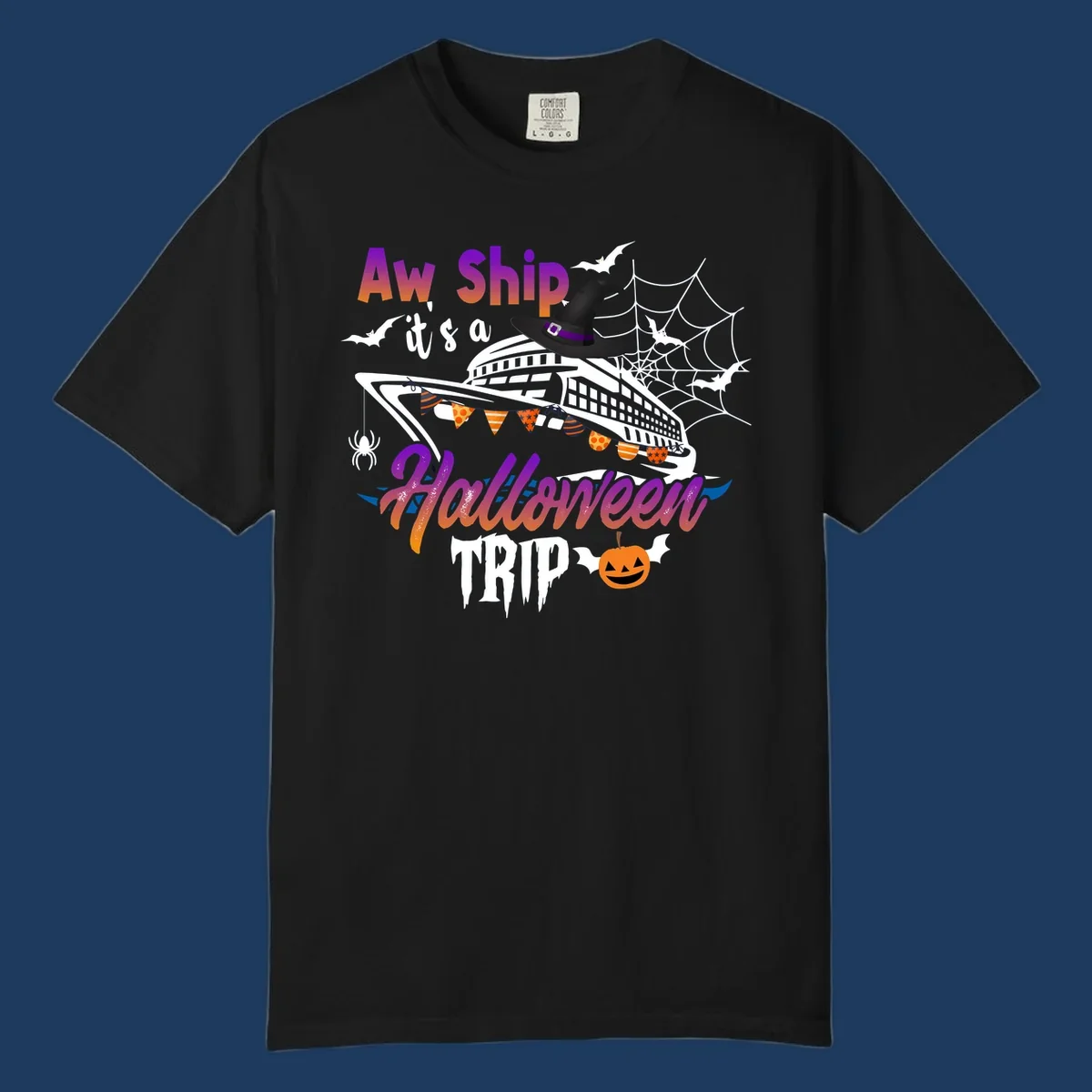 Aw Ship Halloween cruise design with witch hat on ship, bats, spider webs, and jack-o-lantern pumpkin
