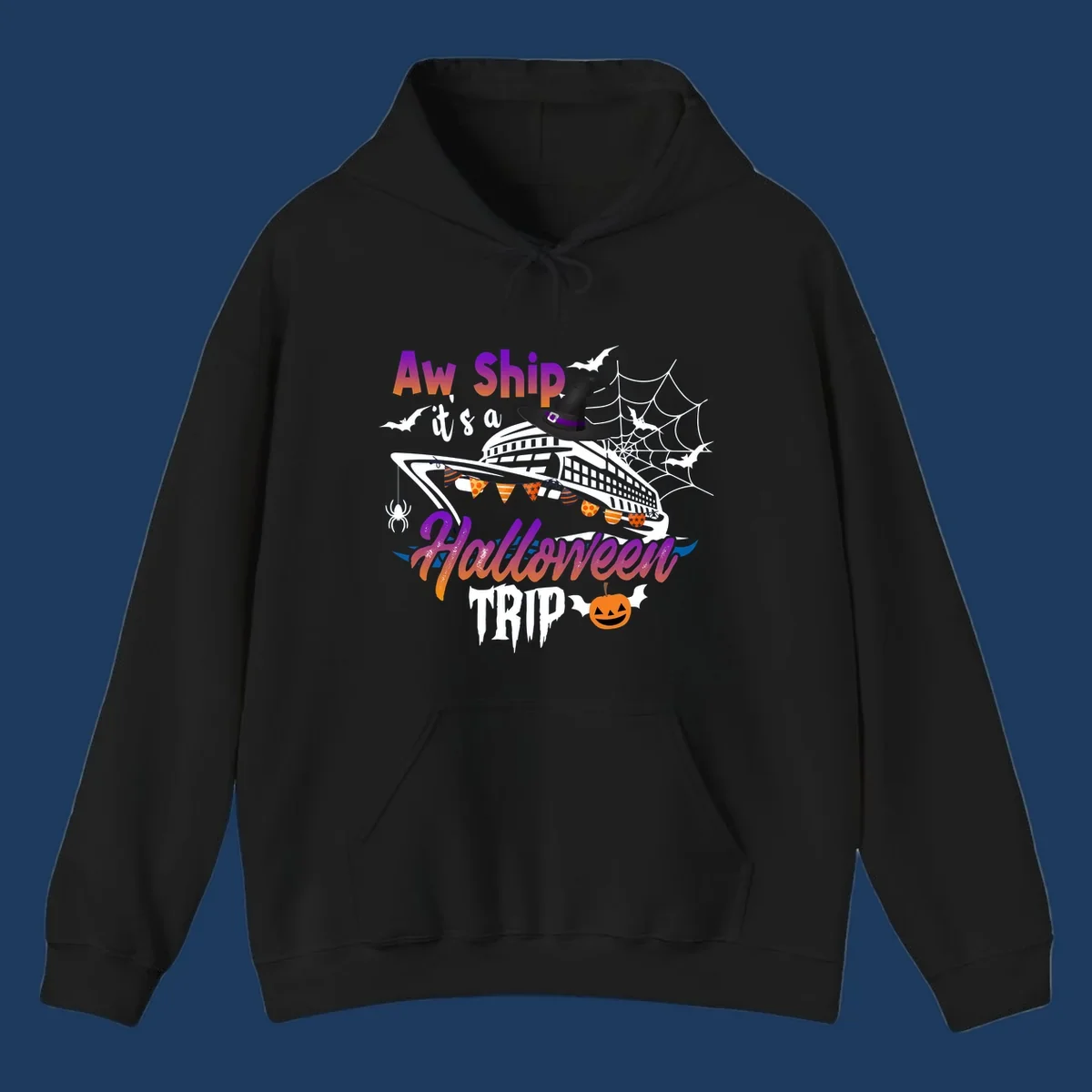 Aw Ship Halloween cruise design with witch hat on ship, bats, spider webs, and jack-o-lantern pumpkin