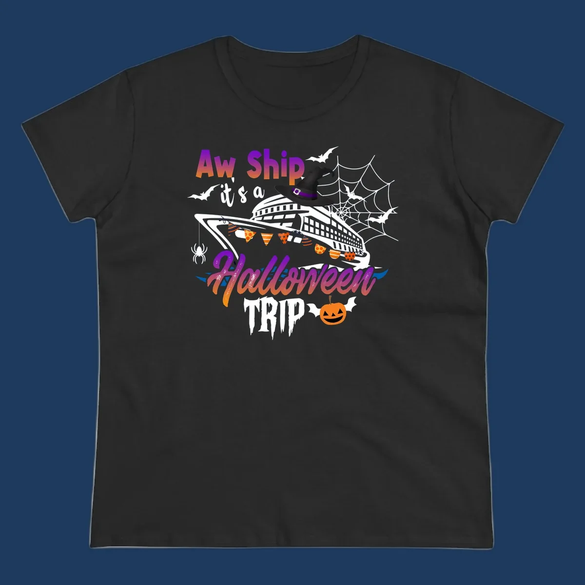 Aw Ship Halloween cruise design with witch hat on ship, bats, spider webs, and jack-o-lantern pumpkin