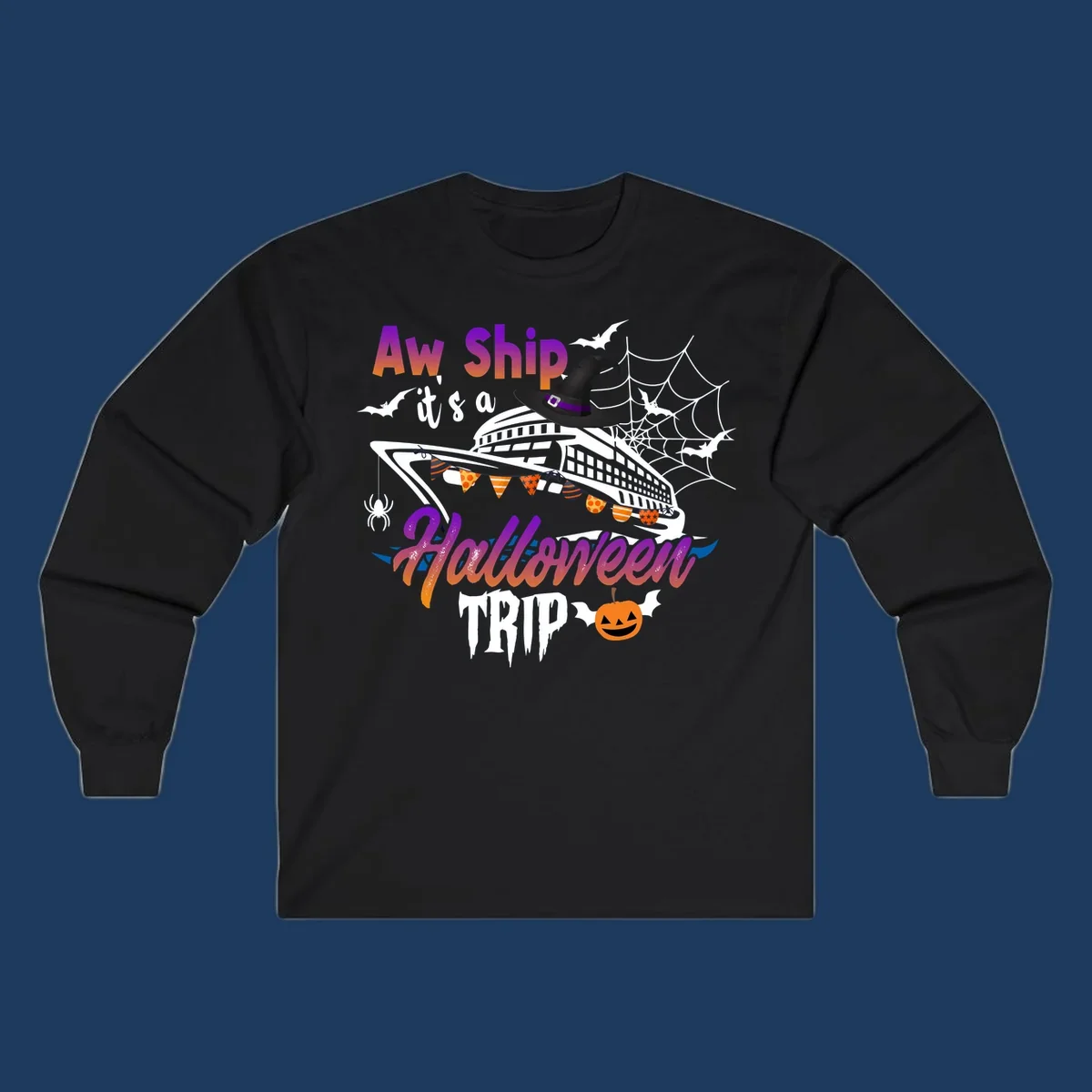 Aw Ship Halloween cruise design with witch hat on ship, bats, spider webs, and jack-o-lantern pumpkin