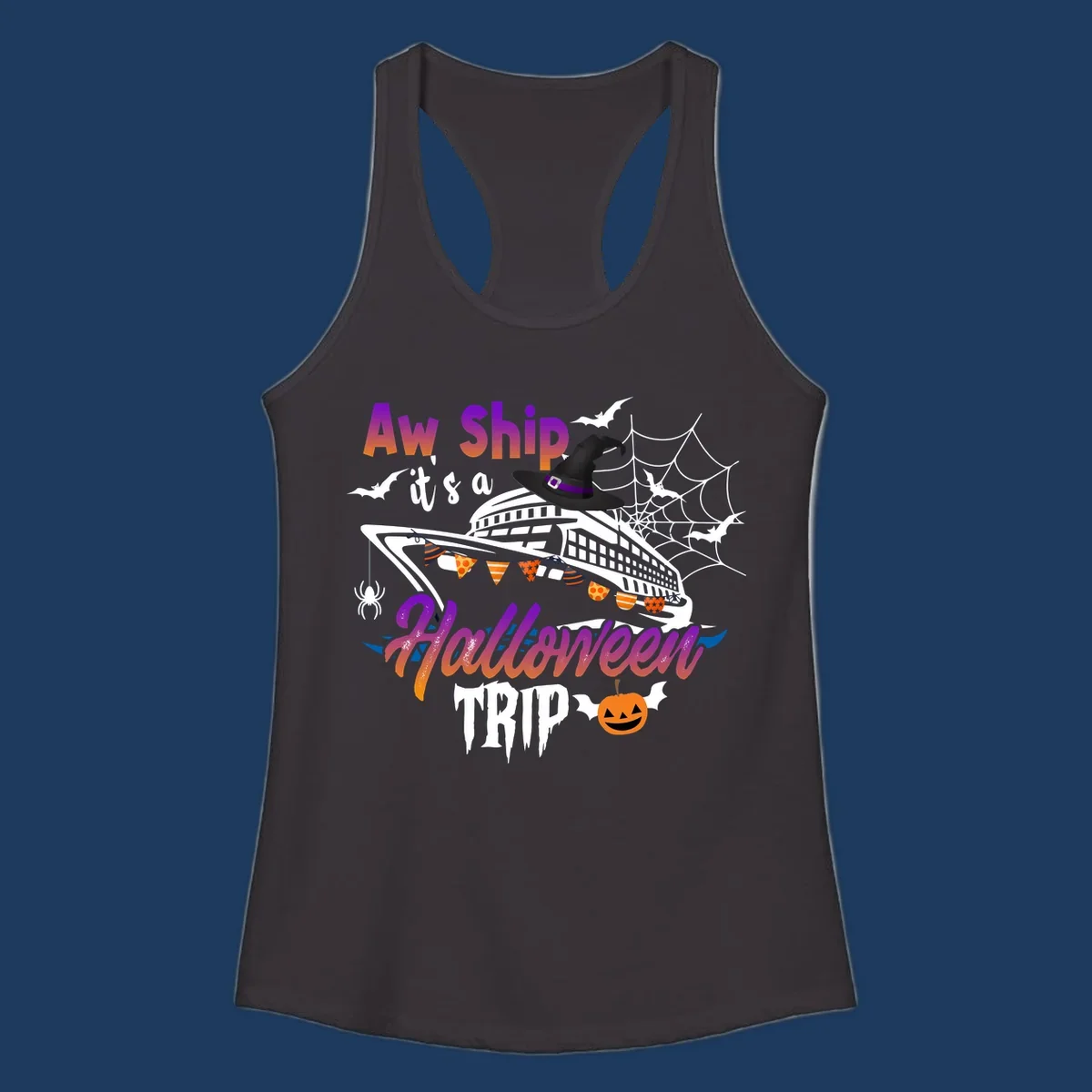 Aw Ship Halloween cruise design with witch hat on ship, bats, spider webs, and jack-o-lantern pumpkin