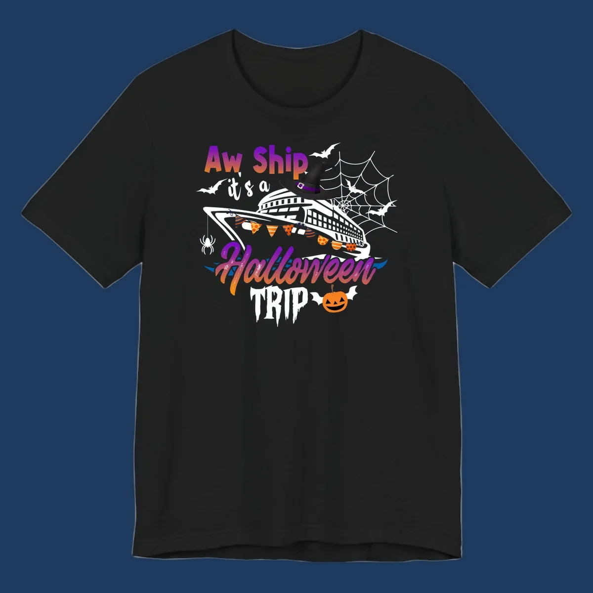 Aw Ship Halloween cruise design with witch hat on ship, bats, spider webs, and jack-o-lantern pumpkin