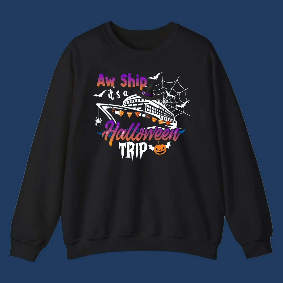 Aw Ship Halloween cruise design with witch hat on ship, bats, spider webs, and jack-o-lantern pumpkin