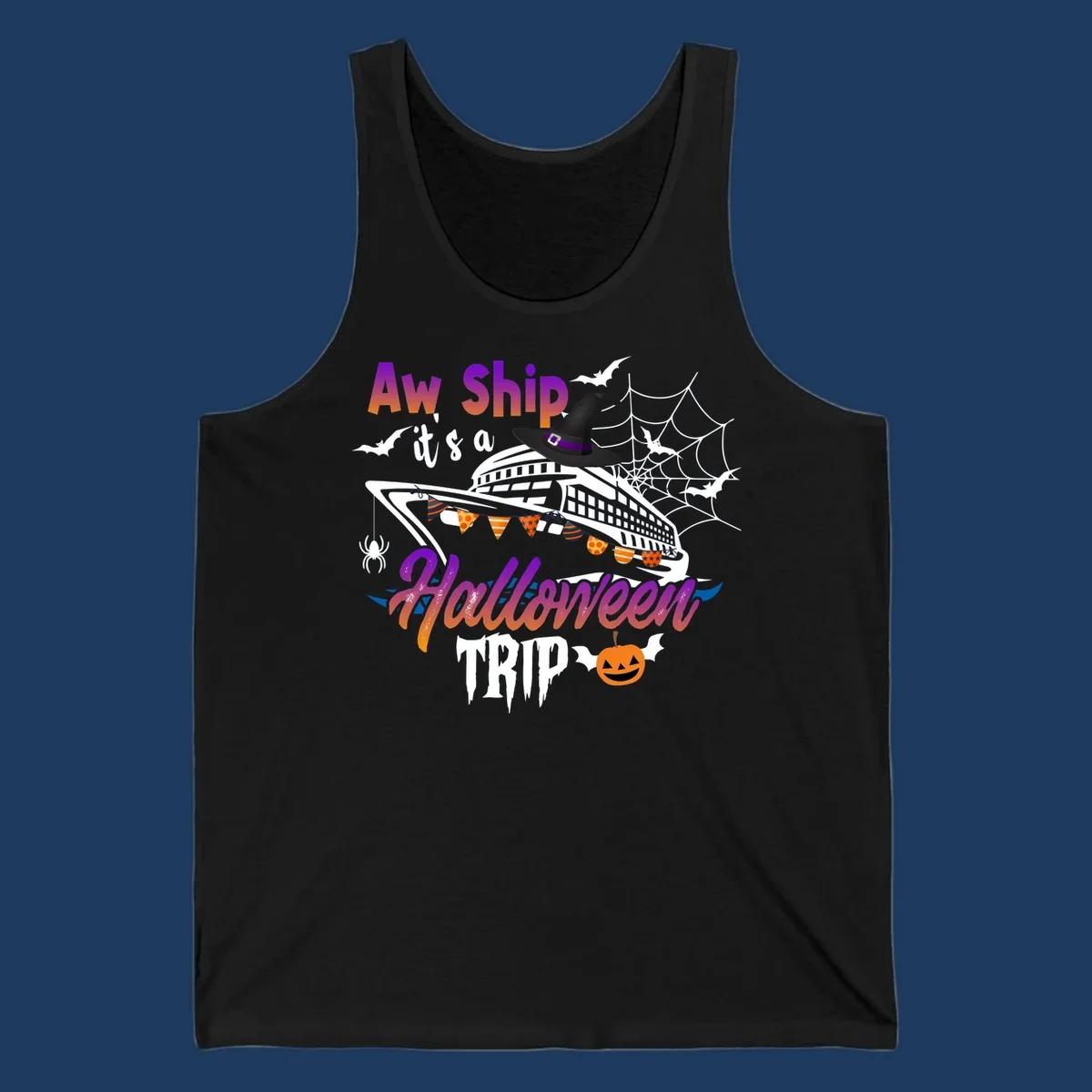 Aw Ship Halloween cruise design with witch hat on ship, bats, spider webs, and jack-o-lantern pumpkin