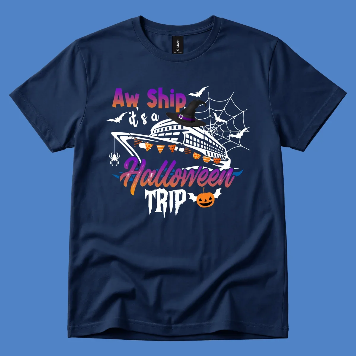 Aw Ship Halloween cruise design with witch hat on ship, bats, spider webs, and jack-o-lantern pumpkin