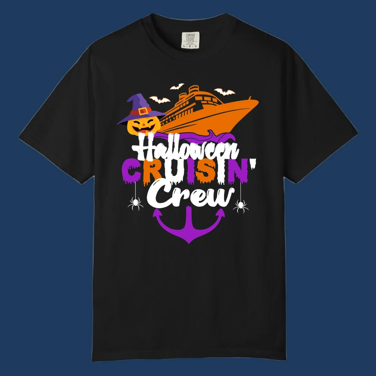 Halloween cruise crew design with jack-o-lantern pumpkin in witch hat, cruise ship, bats, spiders, and anchor
