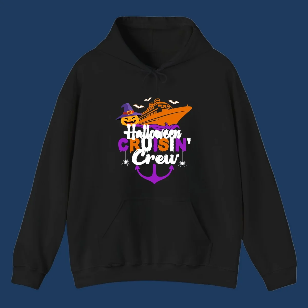 Halloween cruise crew design with jack-o-lantern pumpkin in witch hat, cruise ship, bats, spiders, and anchor
