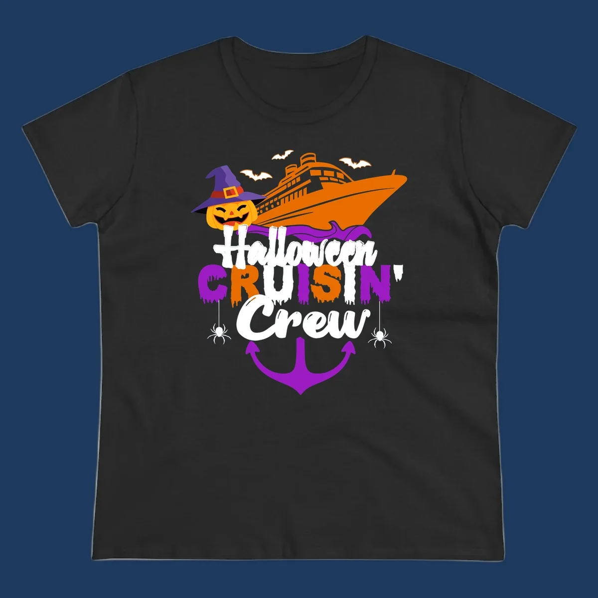 Halloween cruise crew design with jack-o-lantern pumpkin in witch hat, cruise ship, bats, spiders, and anchor