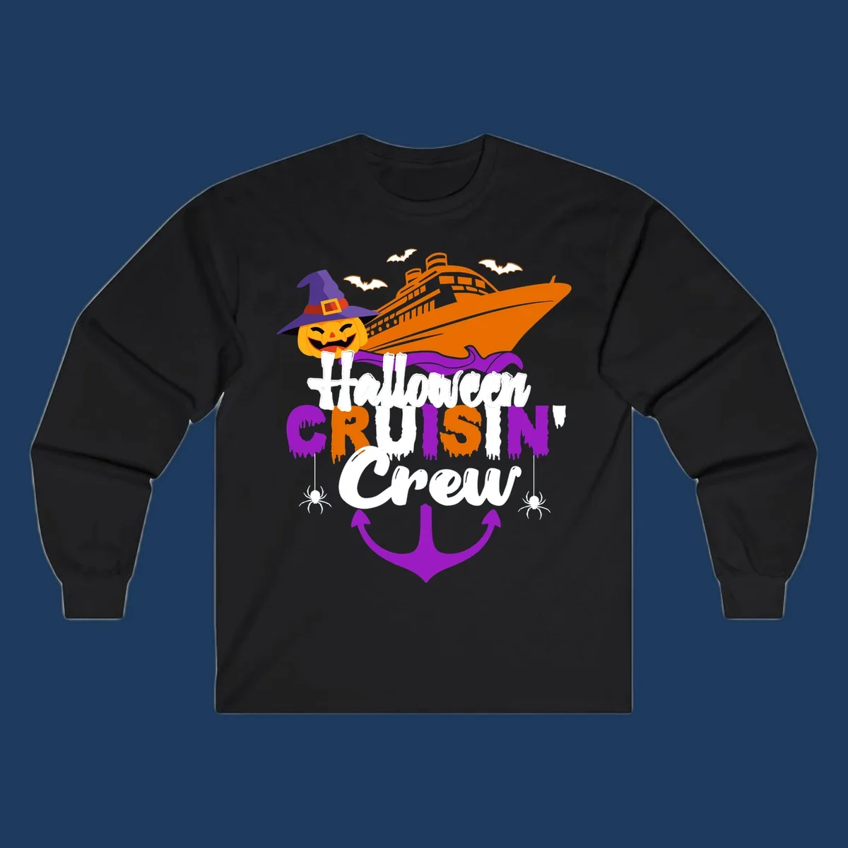 Halloween cruise crew design with jack-o-lantern pumpkin in witch hat, cruise ship, bats, spiders, and anchor