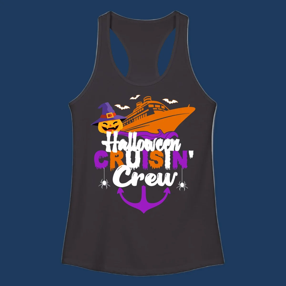 Halloween cruise crew design with jack-o-lantern pumpkin in witch hat, cruise ship, bats, spiders, and anchor