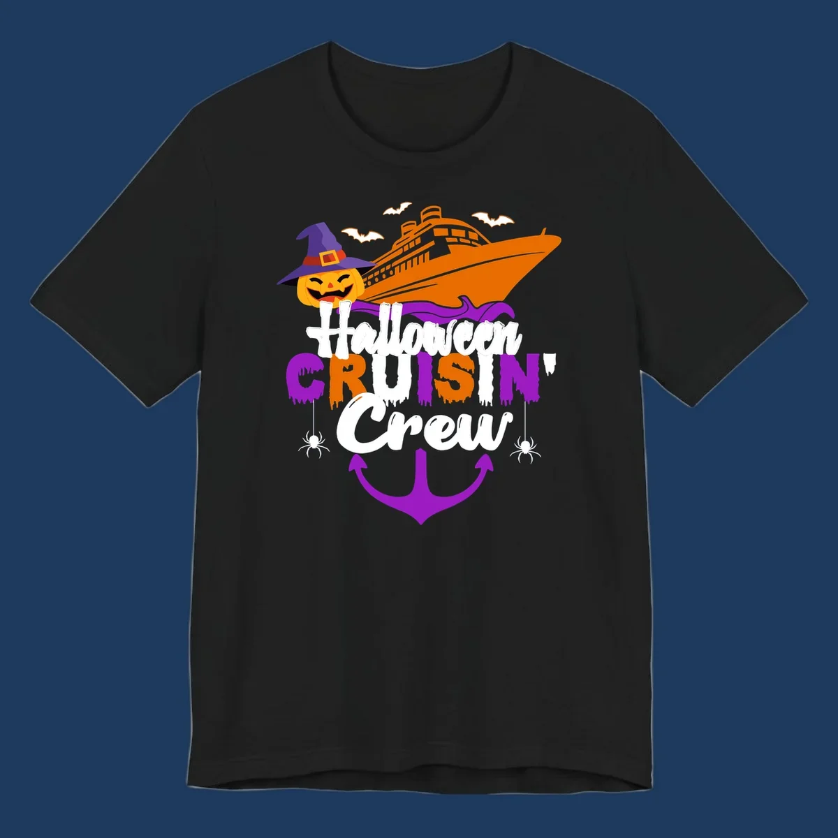 Halloween cruise crew design with jack-o-lantern pumpkin in witch hat, cruise ship, bats, spiders, and anchor