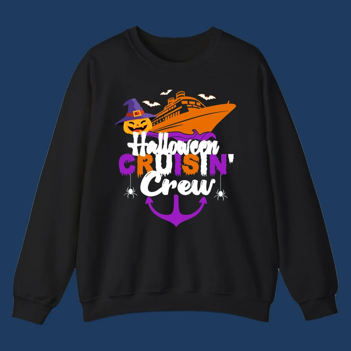 Halloween cruise crew design with jack-o-lantern pumpkin in witch hat, cruise ship, bats, spiders, and anchor