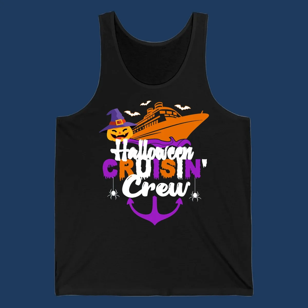 Halloween cruise crew design with jack-o-lantern pumpkin in witch hat, cruise ship, bats, spiders, and anchor
