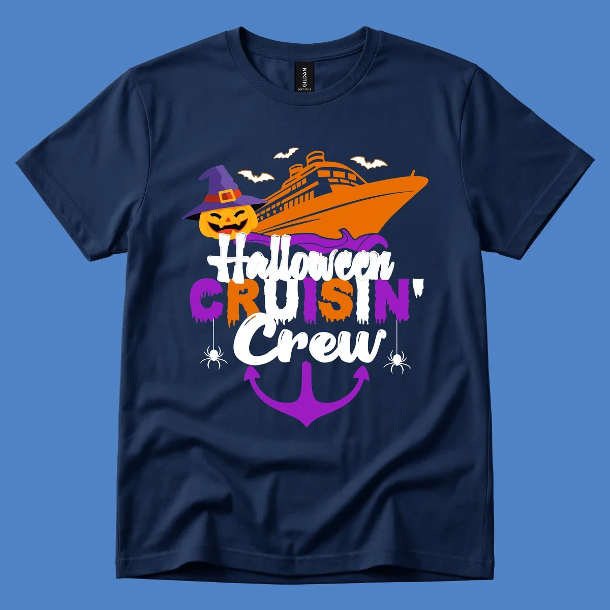 Halloween cruise crew design with jack-o-lantern pumpkin in witch hat, cruise ship, bats, spiders, and anchor