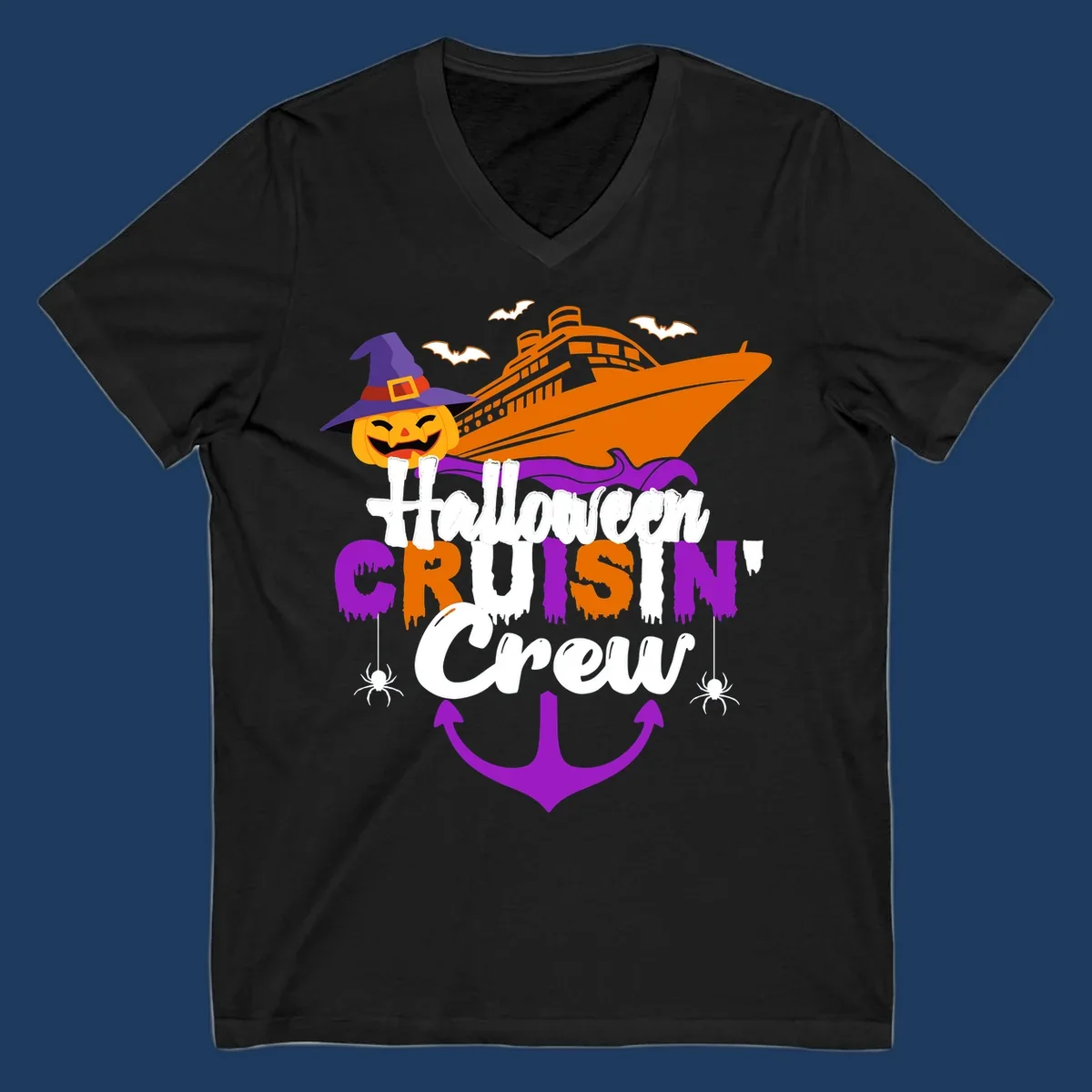 Halloween cruise crew design with jack-o-lantern pumpkin in witch hat, cruise ship, bats, spiders, and anchor
